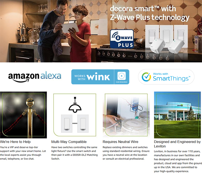 Leviton Decora Smart with ZWave Technology 15 Amp Switch, White/Light